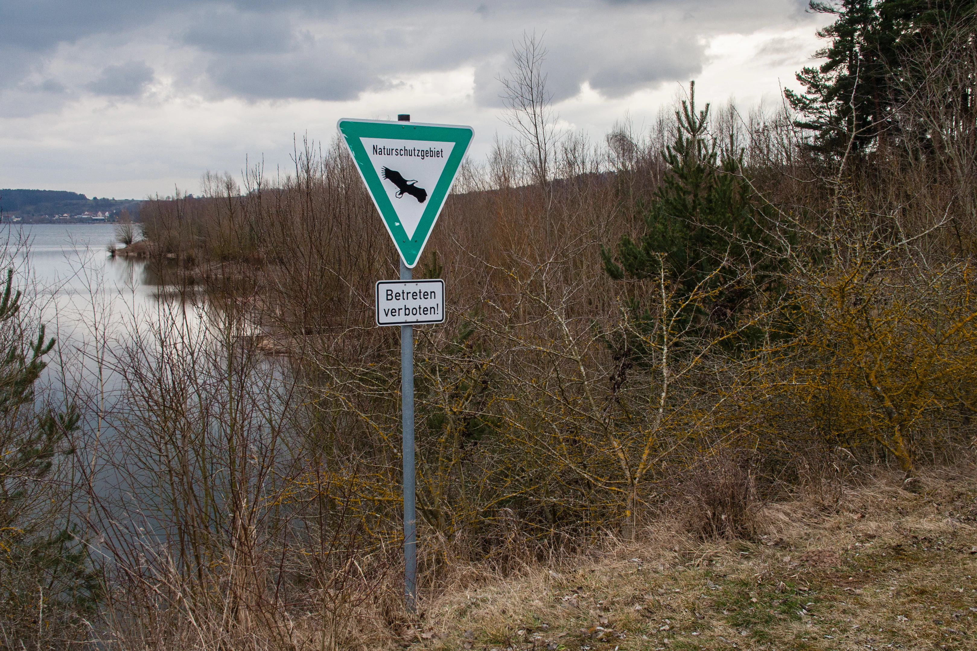 A triangular German nature reserve sign featuring an eagle emblem, mounted on a post beside a shallow lake and shrubbery.