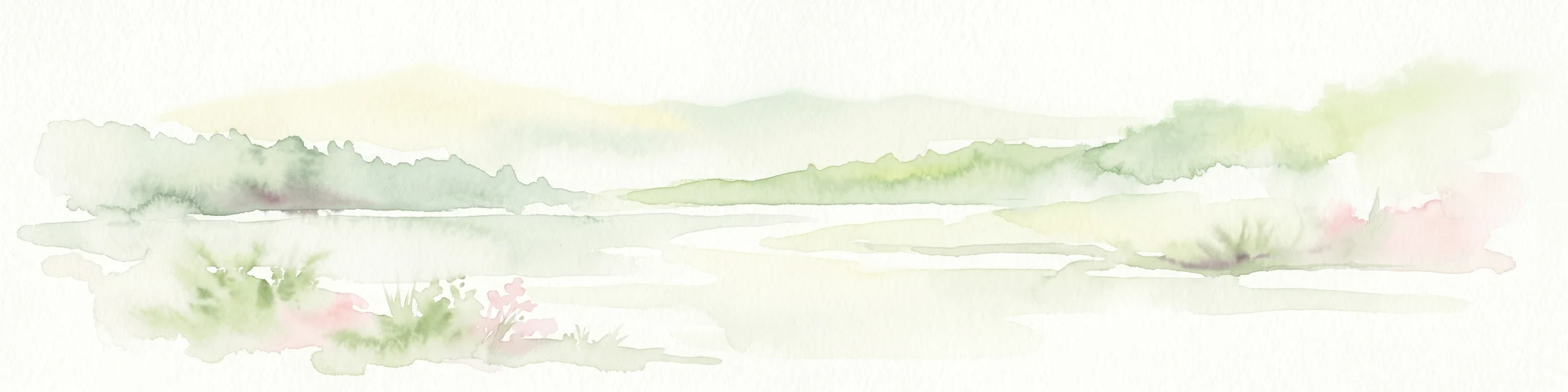 Ilustración en acuarela de un paisaje sereno con una masa de agua, colinas distantes y vegetación verde