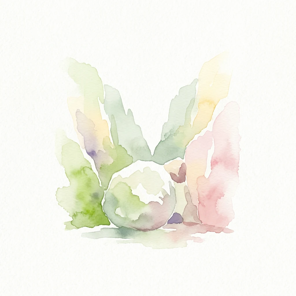 Watercolor painting of a central rounded rock surrounded by abstract green, yellow, and pink shapes
