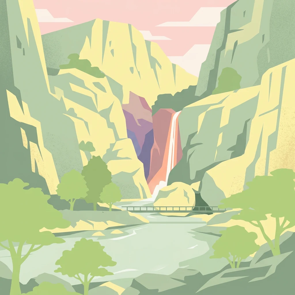 Ilustración de un cañón profundo con cascada, acantilados rocosos, árboles verdes, río y puente bajo un cielo rosa