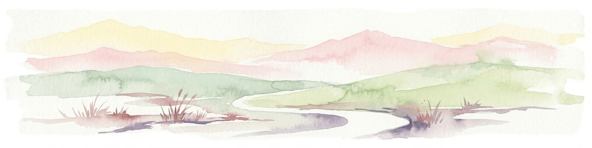 Pintura de acuarela de un río que fluye a través de colinas verdes y montañas bajo un cielo suave.