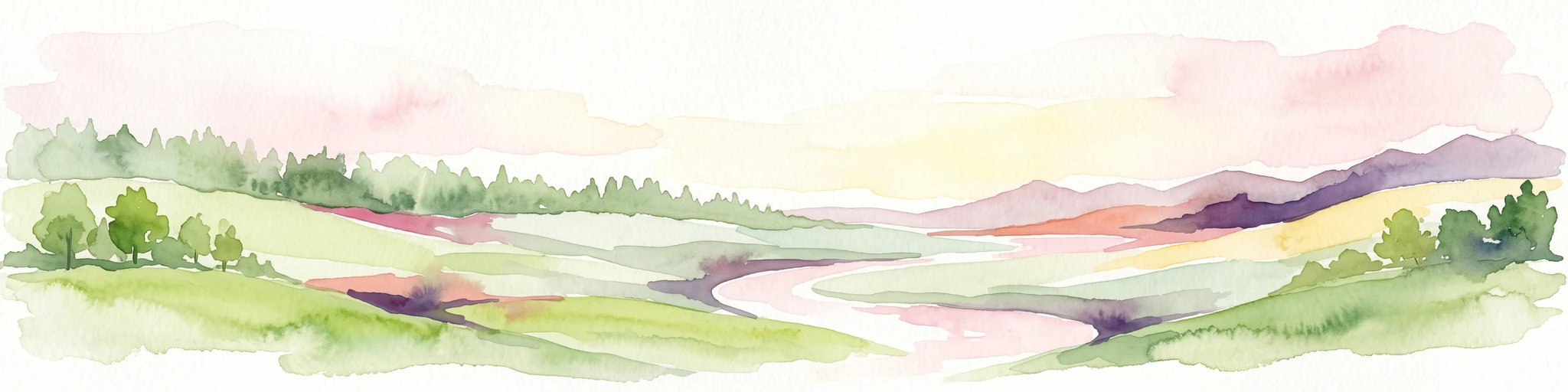 A watercolor painting of a rolling coastal landscape with green fields, sparse trees, a winding water channel, and soft pink and yellow sky.