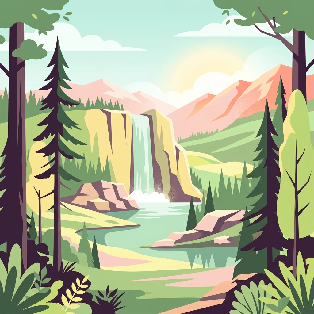 Ilustración digital de una cascada en un bosque de coníferas con montañas y un lago.