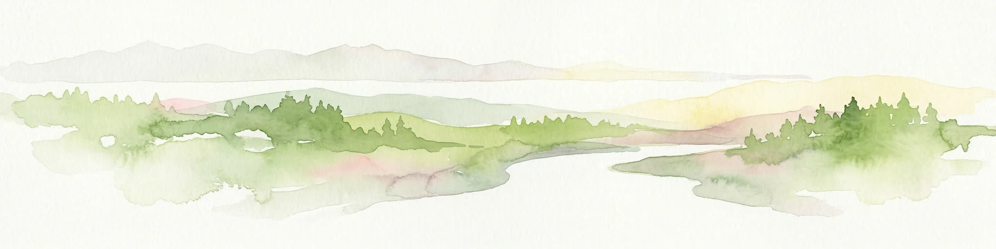 Pintura de acuarela que muestra un río fluyendo a través de un área boscosa con colinas distantes, utilizando tonos suaves de verde, azul y amarillo