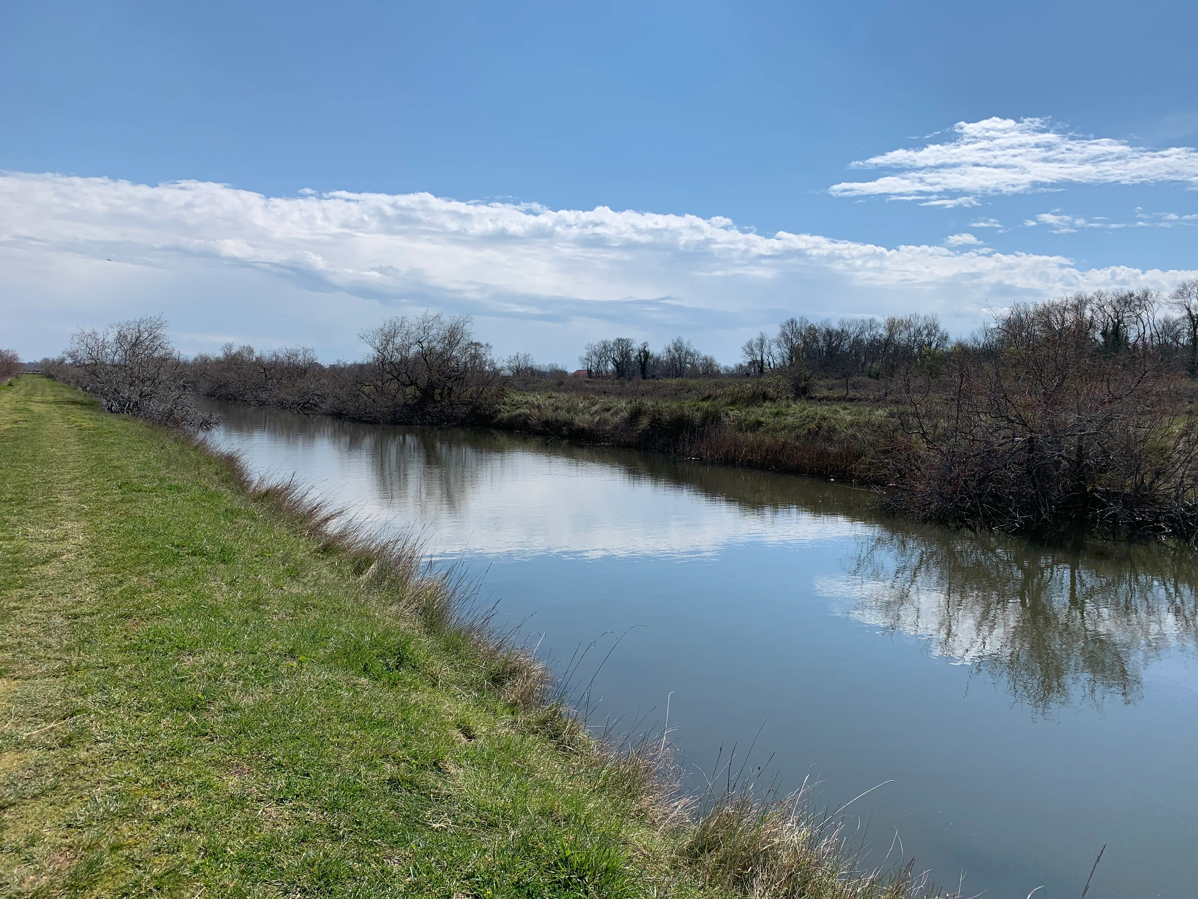 A calm, narrow canal reflecting the blue sky and clouds, bordered by a grassy bank on the left and scrubby, low vegetation on the right.