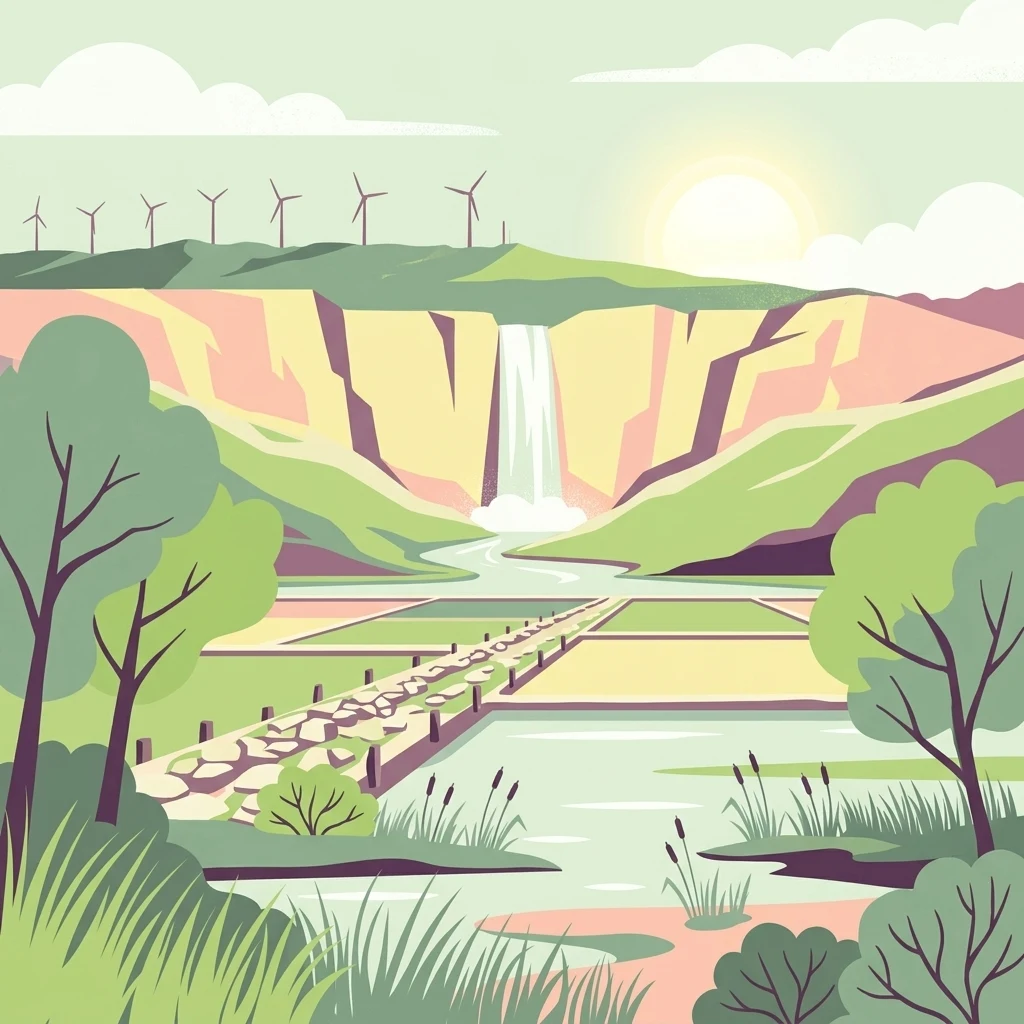 A flat vector illustration of a landscape with a central waterfall cascading into a valley, with salt pan pools in the foreground, wind turbines on a distant ridgeline, and trees lining the edges.