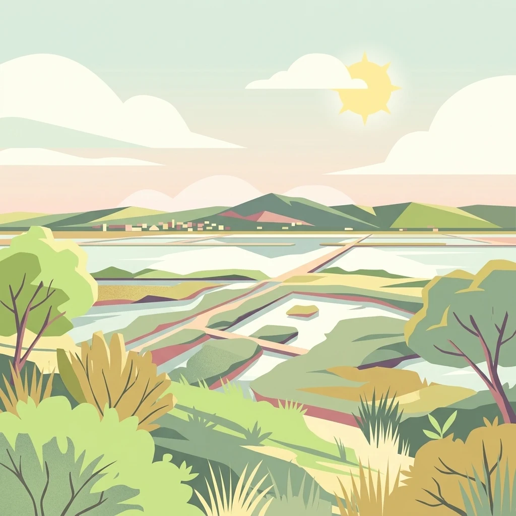 A flat-style digital illustration showing a wide view of salt marshes with low-lying water basins, dirt paths, and distant hills under a bright sun.