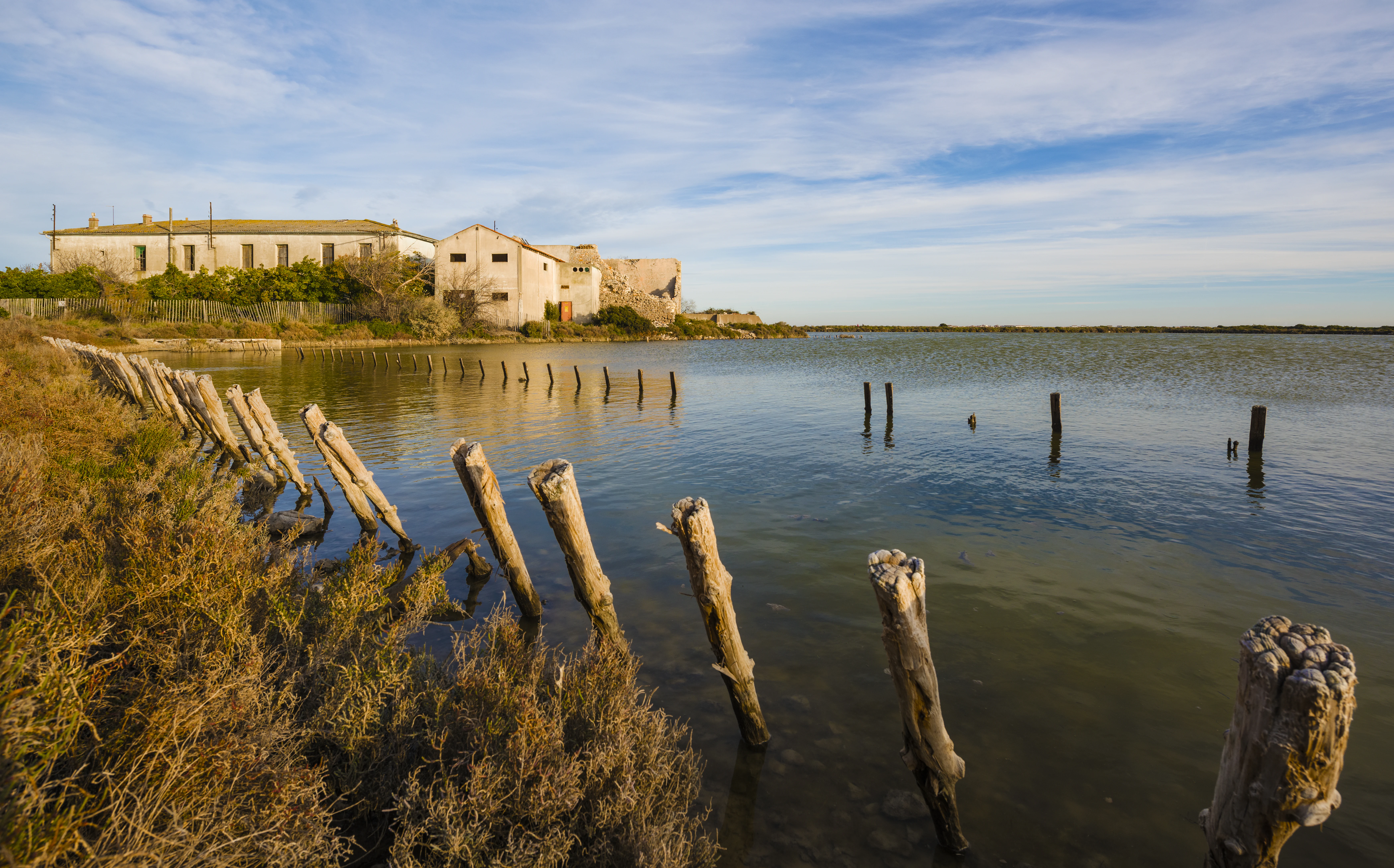 A row of weathered wooden posts protrudes from the calm, shallow water of the Salins de Frontignan, with abandoned stone buildings visible along the shore under a blue sky.