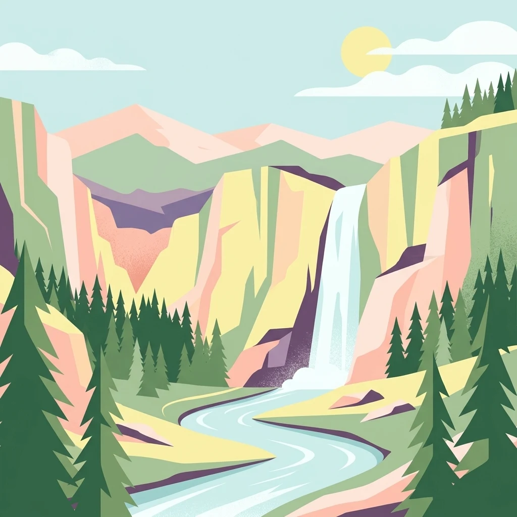 Una ilustración gráfica que muestra una cascada que cae por un acantilado hacia un río serpenteante, flanqueada por árboles coníferos y montañas bajo un cielo soleado.