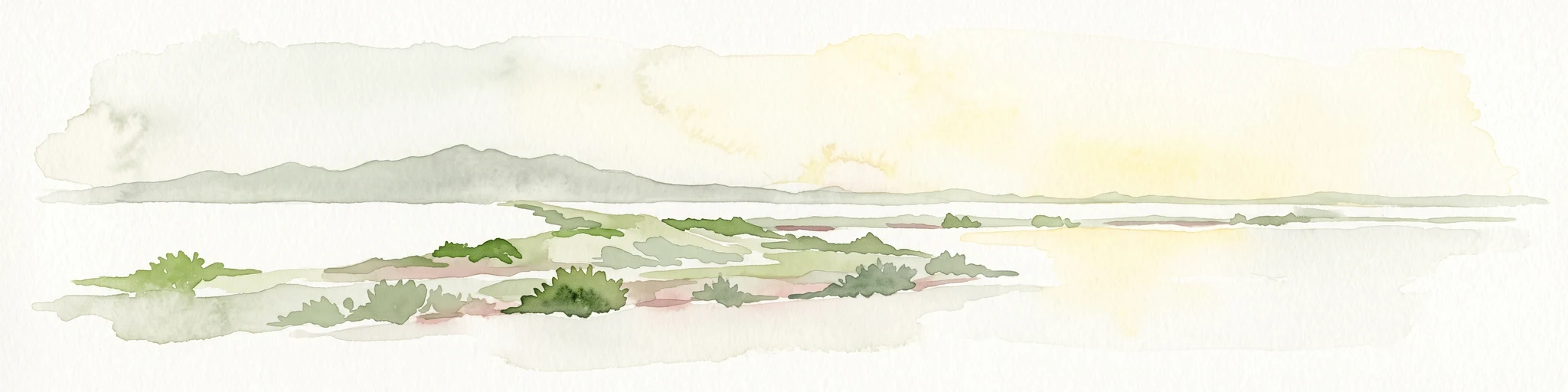 A pale, minimalist watercolor painting showing a low-lying marshy peninsula extending into water, with distant hills on the horizon under a soft, light-filled sky.