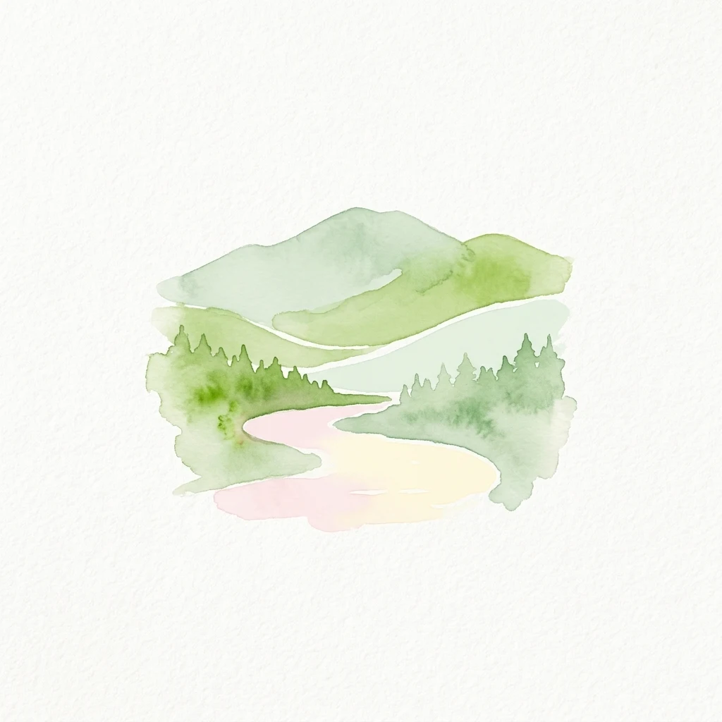Watercolor illustration depicting green hills, a winding river, and forested areas
