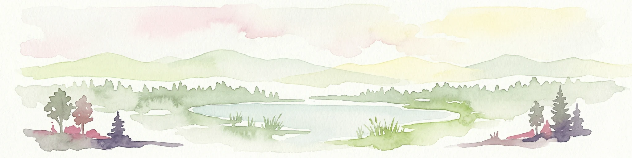 Ilustración acuarela de un lago, árboles y colinas bajo un cielo claro