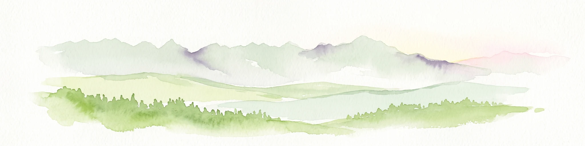 Soft watercolor illustration of a rolling mountain landscape with a forested foreground and faded, distant peaks.