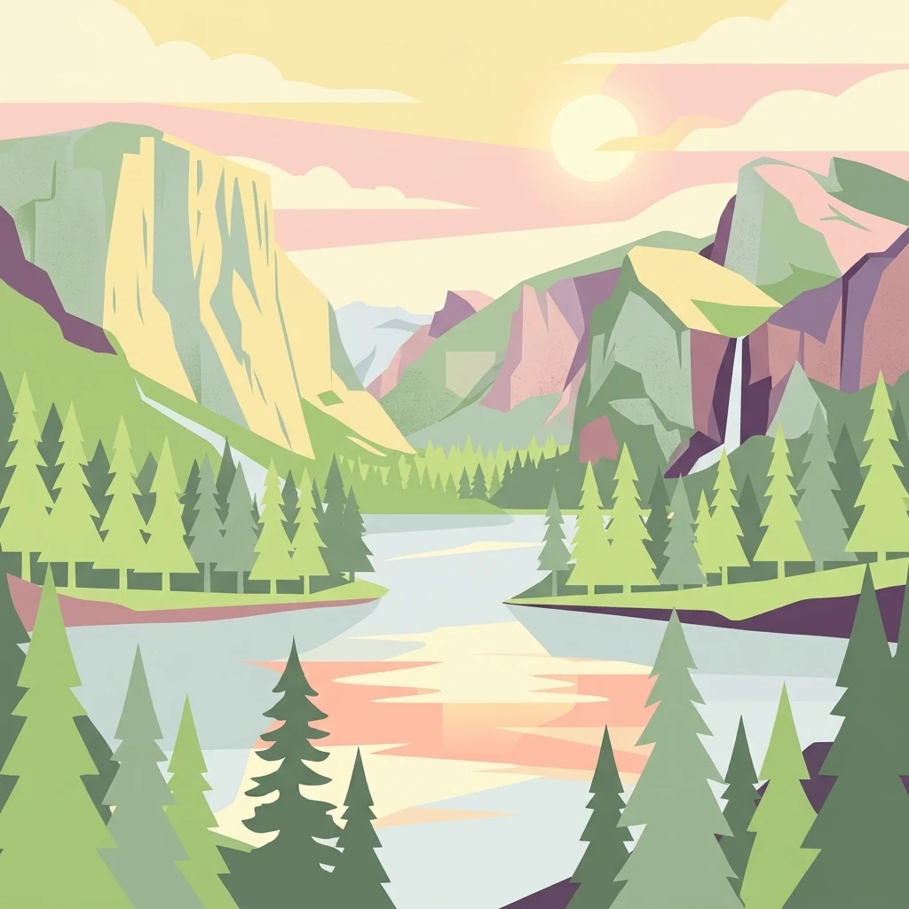 A graphic illustration showing a river winding through a valley surrounded by coniferous trees and steep mountains under a soft-colored sunset sky.