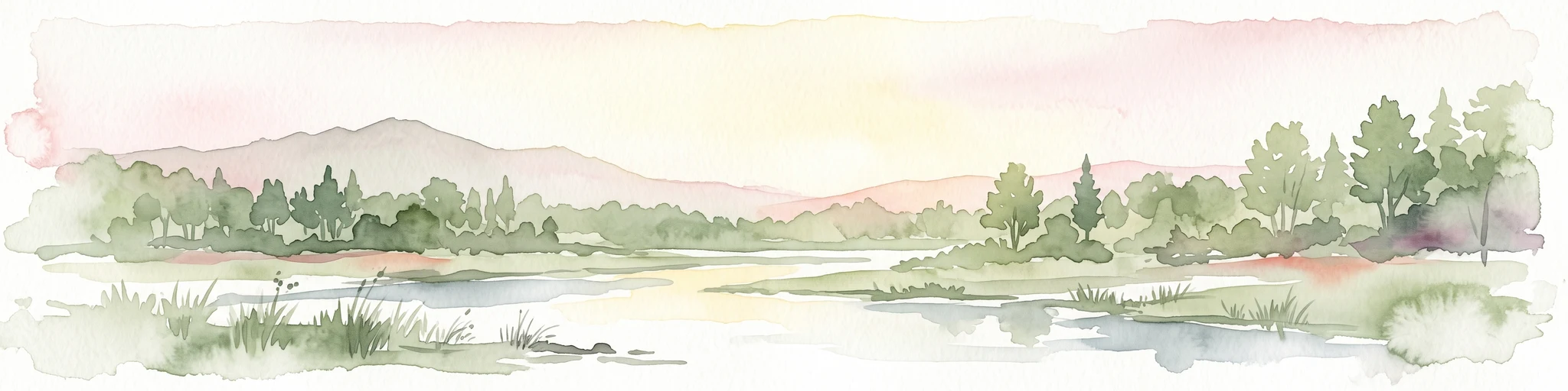 A horizontal watercolor illustration depicting a river flowing through a lush green valley with rolling hills in the background under a soft, warm sky.
