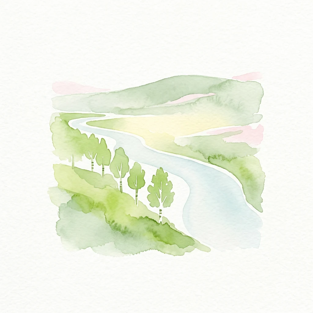 Watercolor illustration of a winding river through green hills with scattered trees