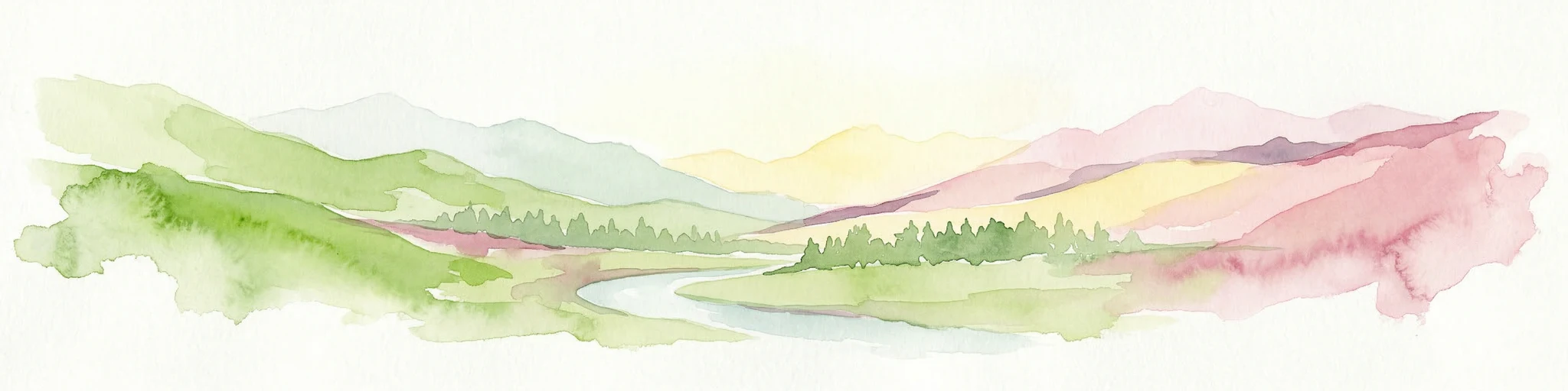 Ilustración en acuarela que muestra montañas, un río y coloridas regiones paisajísticas