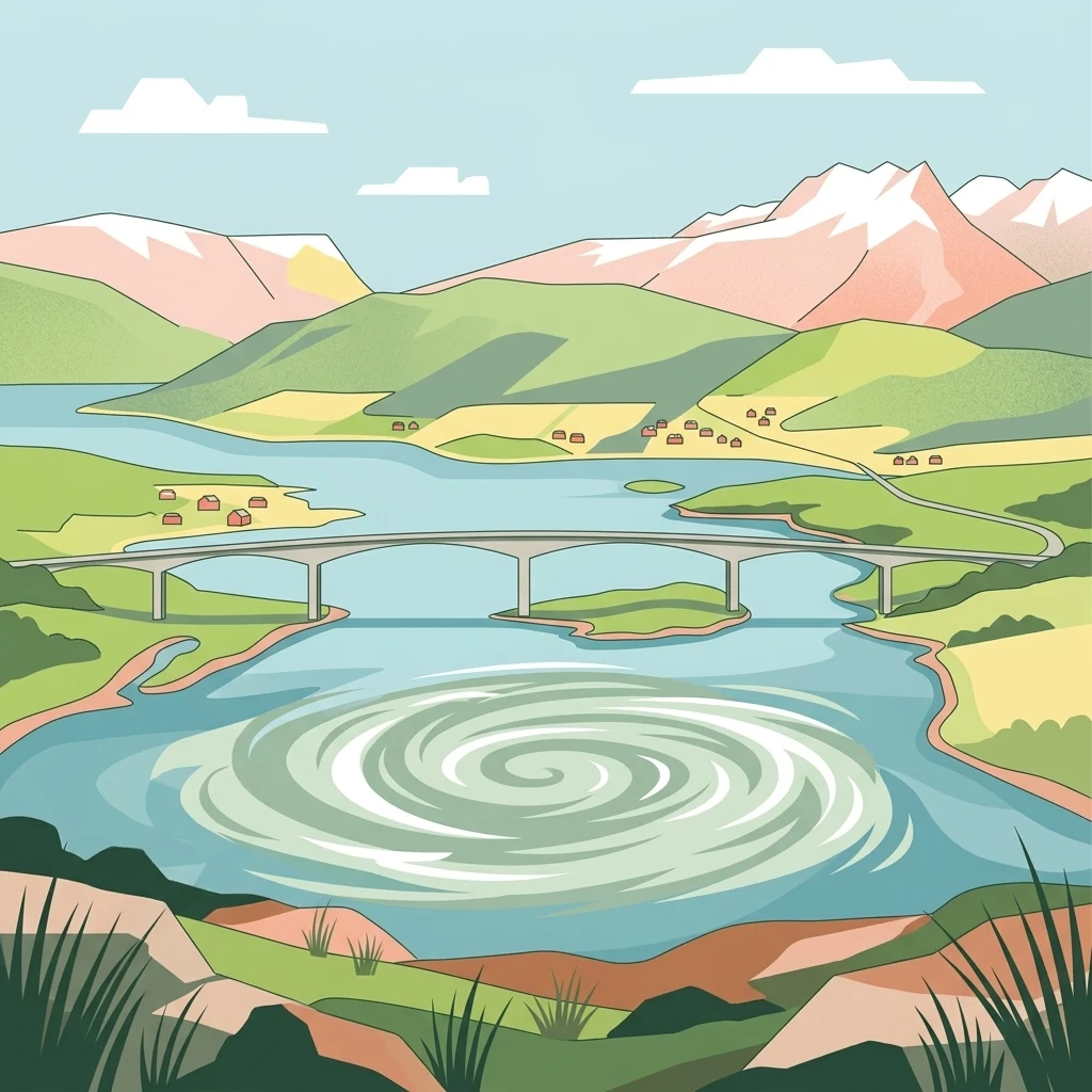 Una ilustración plana de estilo vectorial que muestra un gran remolino en un estrecho de marea, atravesado por un puente de arco de hormigón, con montañas y terreno costero verde al fondo.