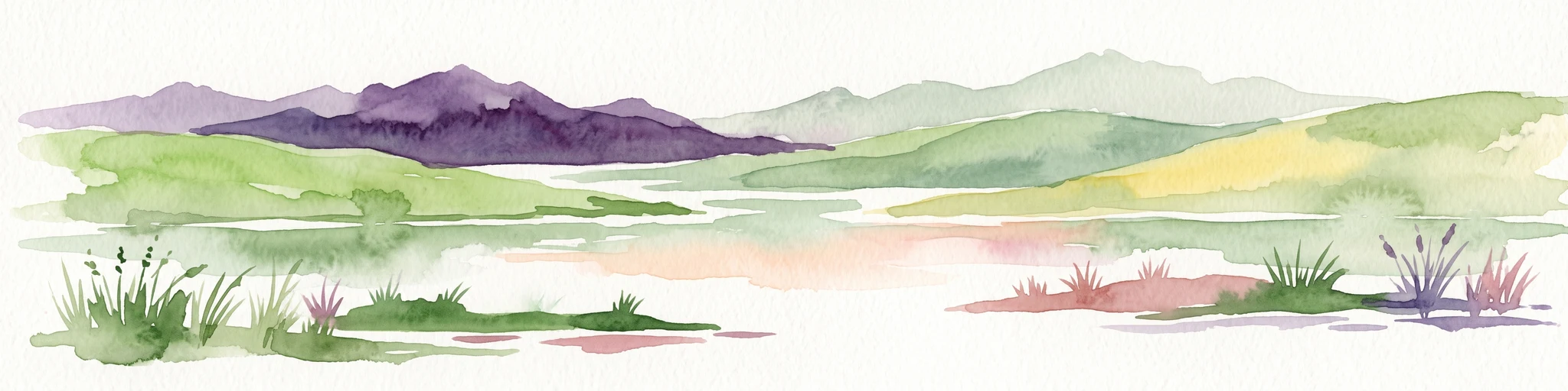 A watercolor painting showing a stylized landscape with rolling green hills, a calm body of water in the foreground, and purple mountains in the background.