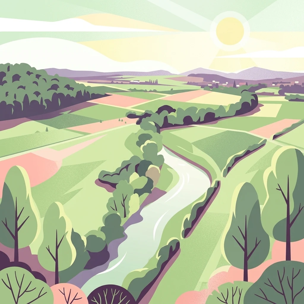 A stylized vector illustration showing a winding river flowing through a green valley with patchwork fields, trees in the foreground, and distant hills under a bright sun.