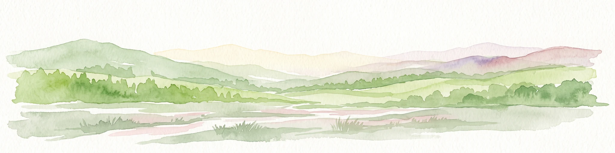 A wide watercolor painting showing a green river valley with marshy foreground, a line of trees, and rolling hills in purple and green in the background.