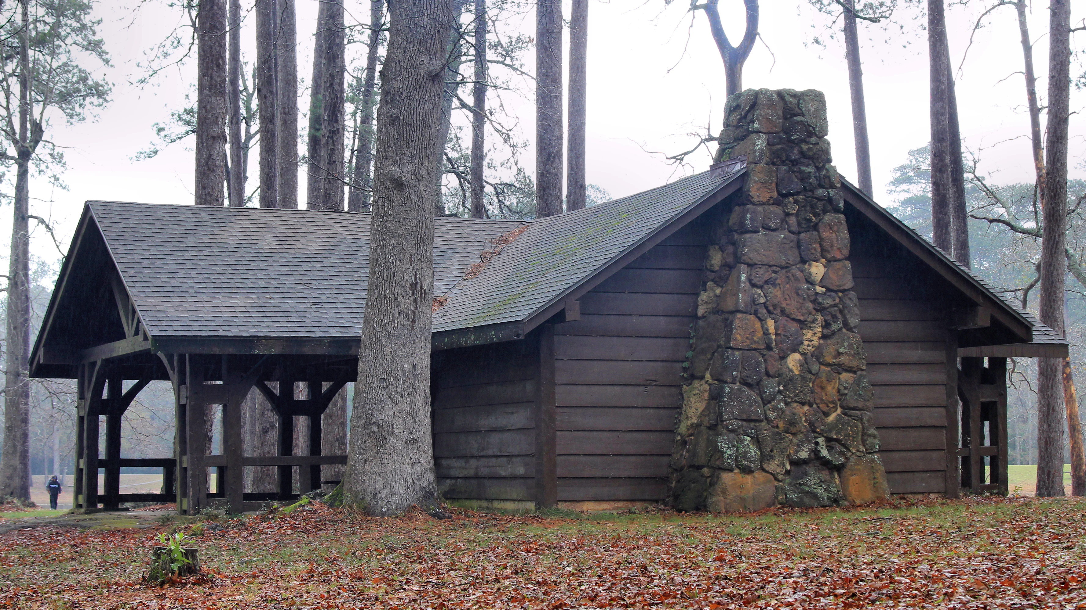 A rustic wooden picnic shelter with a prominent stone chimney set in a pine forest, featuring a partially open-sided structure and a shingled roof.