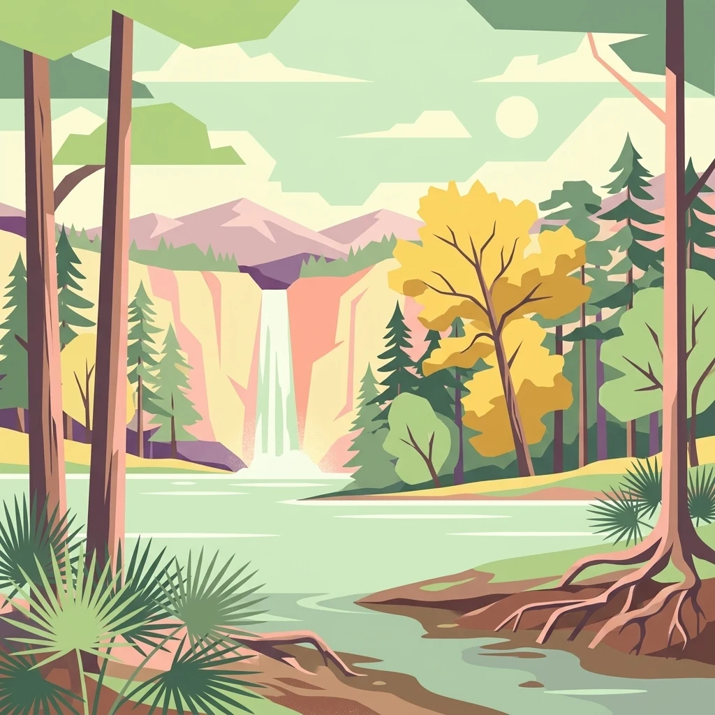 A graphic illustration featuring a lake in the foreground, surrounded by pine and deciduous trees, with a waterfall cascading from a cliff in the background under a pale sun.