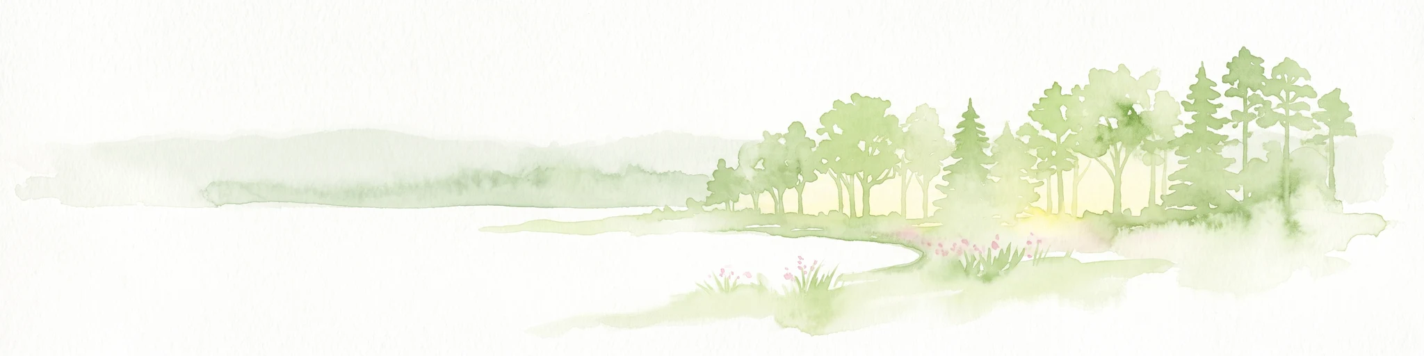 A pale, minimalist watercolor painting showing a soft green treeline and forest edge against a white background.