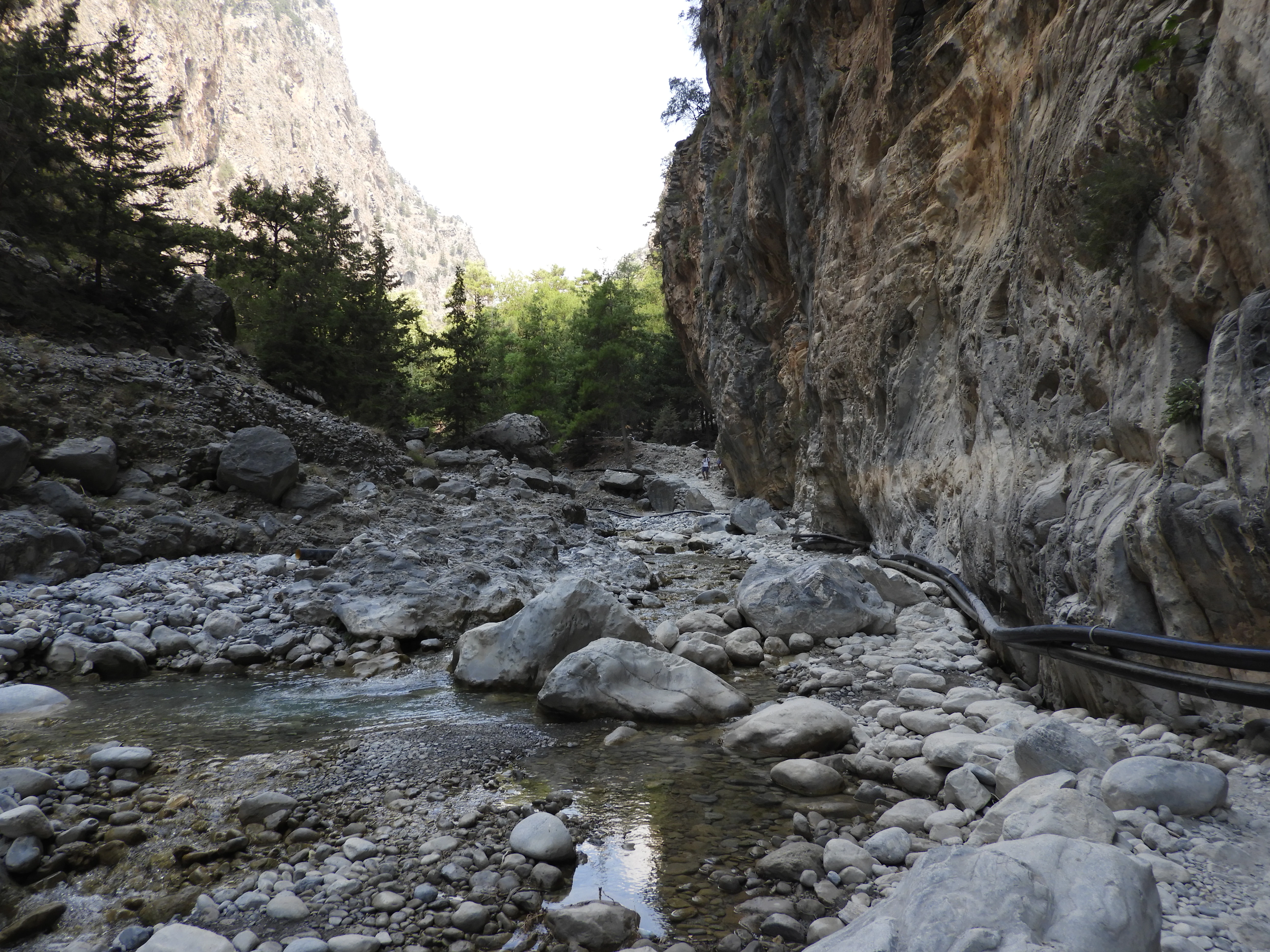 Looking down a deep gorge with steep, rocky canyon walls rising on the right and a rocky, shallow stream bed in the foreground and center.