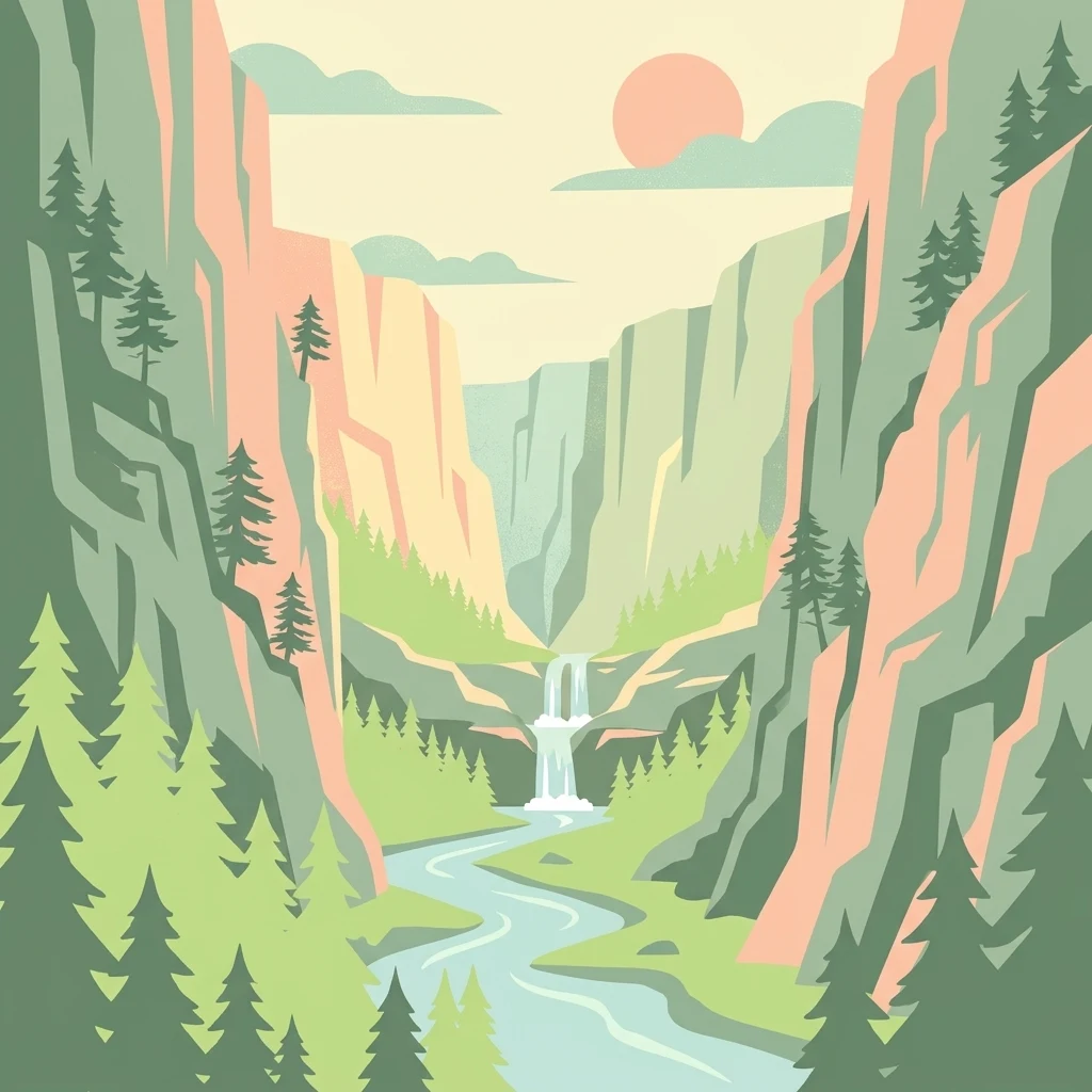 A flat-style vector illustration depicting a narrow canyon or gorge with steep cliff walls, pine trees clinging to the slopes, a small waterfall, and a winding river flowing through the center under a setting sun.