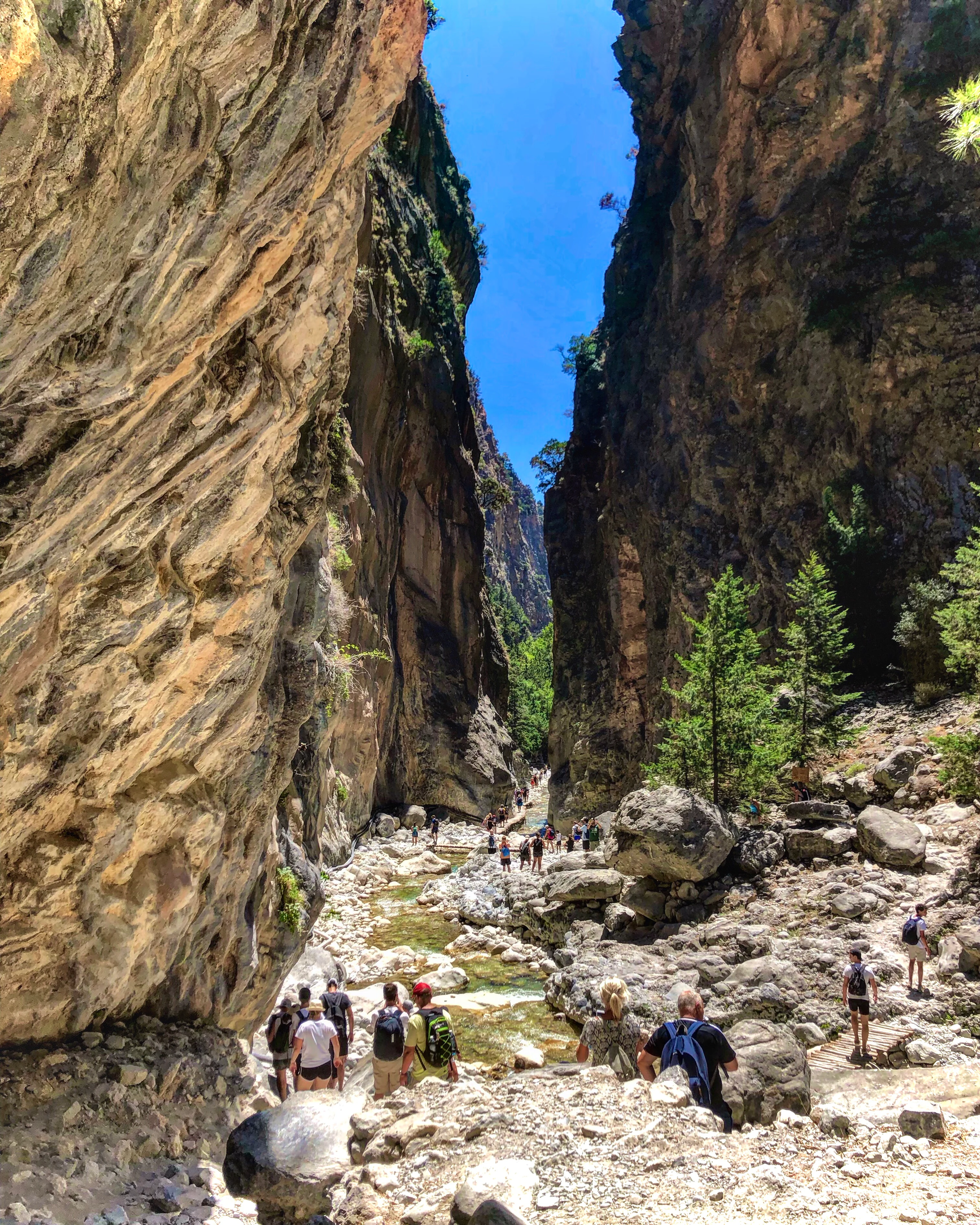 A group of hikers walking along a narrow, rocky trail between towering limestone canyon walls in Samaria Gorge.