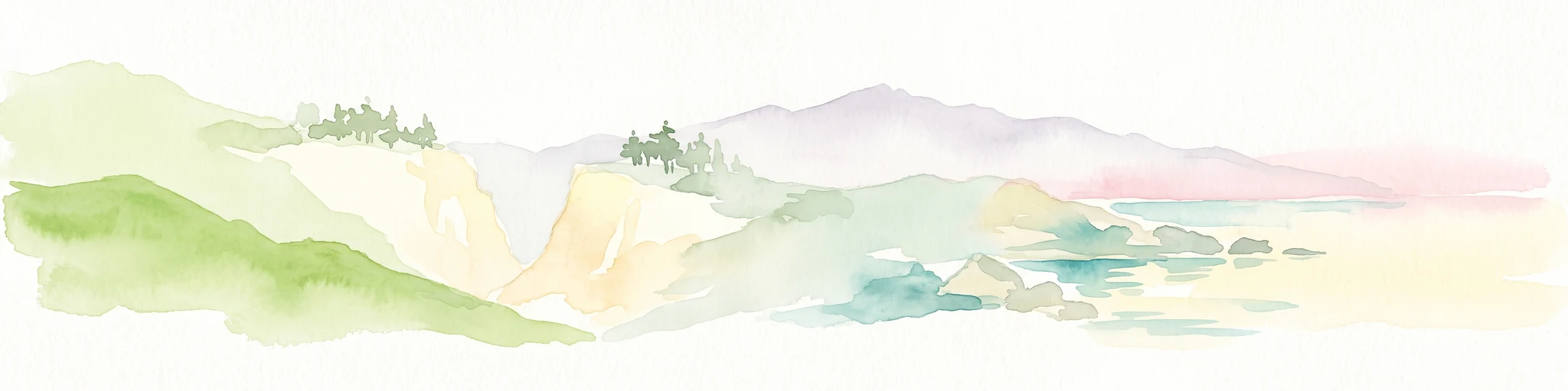 A watercolor painting showing a panoramic landscape with green hills, distant mountains, and water, set against a plain white background.