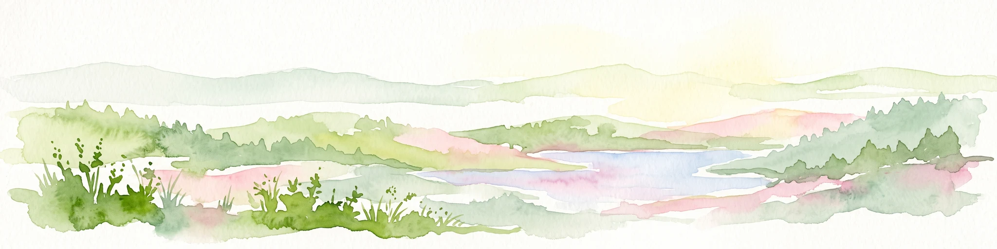 A watercolor painting showing a panoramic landscape of green, rolling hills with light forest cover and a body of water in the middle ground.