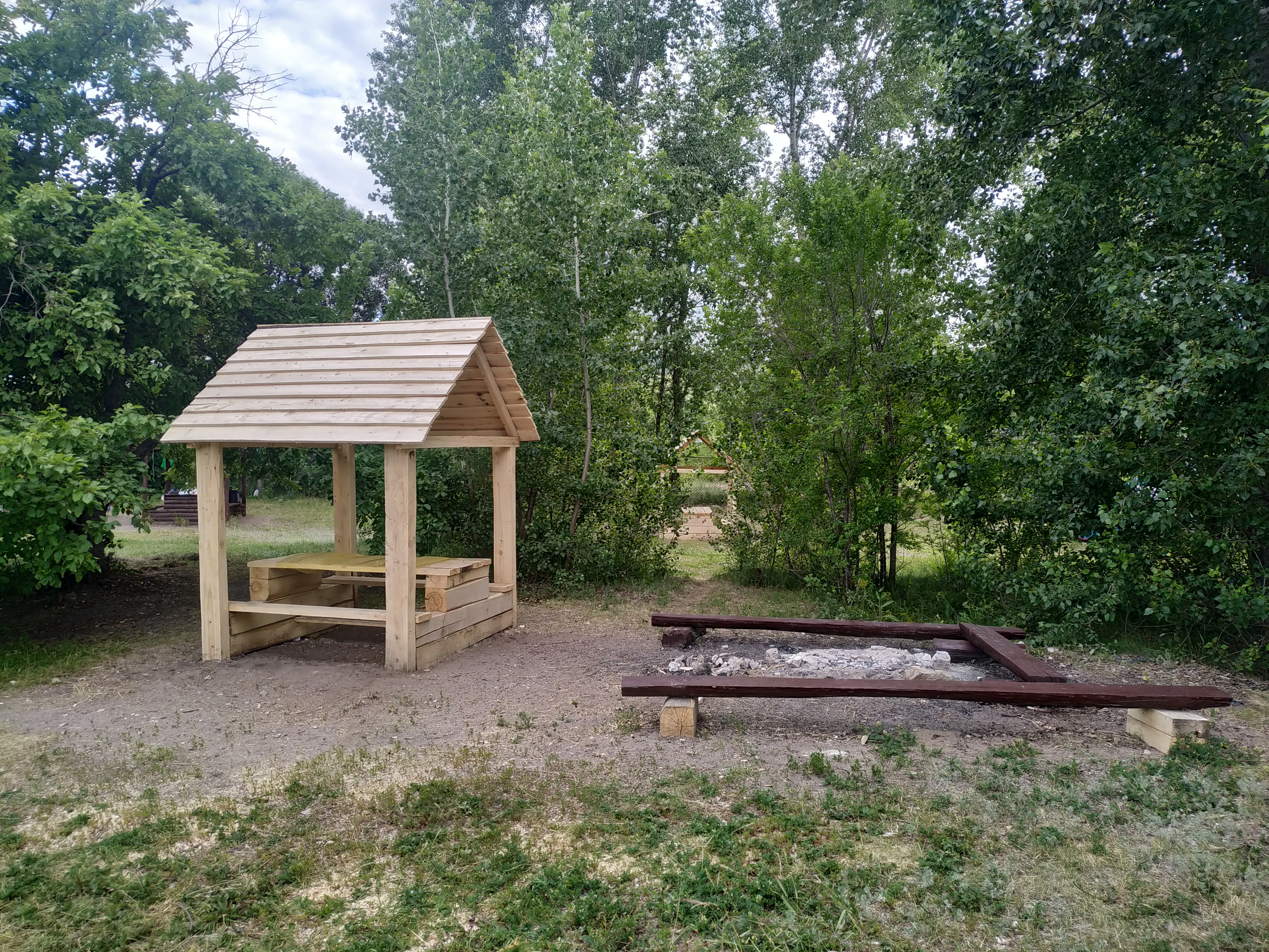 A small wooden structure with a roof over a picnic table sits next to a designated ground level fire pit enclosed by timber logs in a wooded clearing.