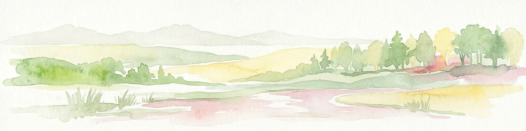 Ilustración en acuarela de un río que fluye a través de un valle con colinas verdes y árboles dispersos al fondo