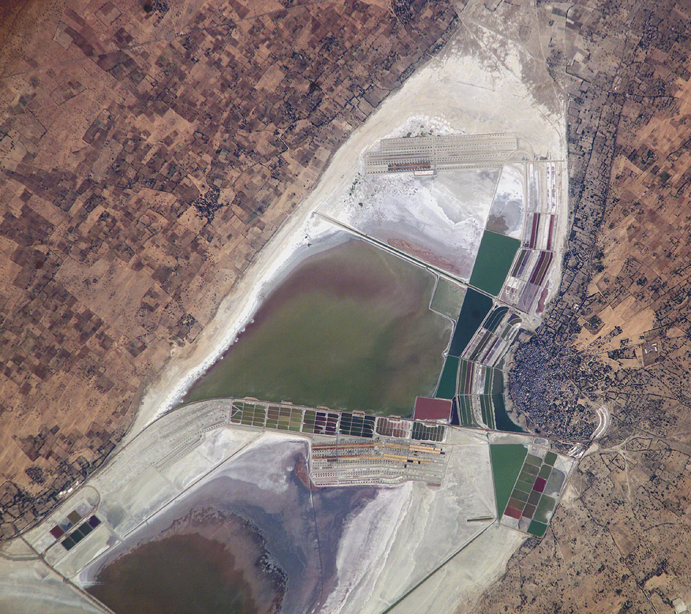 An overhead satellite image of Sambhar Salt Lake in India, displaying intricate geometric salt production ponds in shades of green, brown, and red against the surrounding arid landscape.