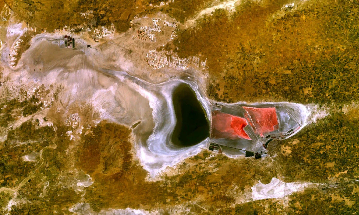 An aerial satellite view of Sambhar Salt Lake showing white salt flats and deep red evaporation ponds surrounded by arid brown land.