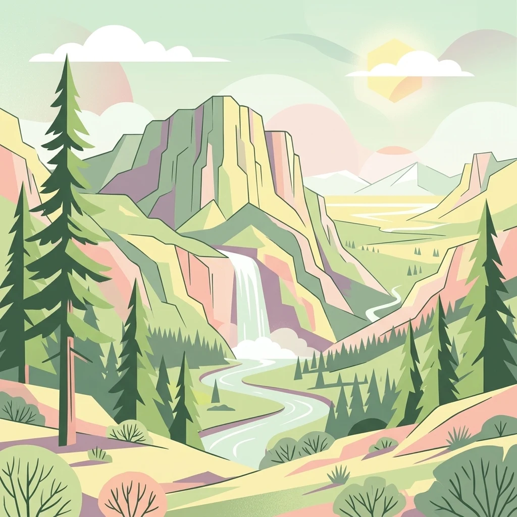 A graphic illustration featuring steep mountains, a waterfall cascading into a winding river, and surrounding evergreen pine trees in a soft, pastel color palette.