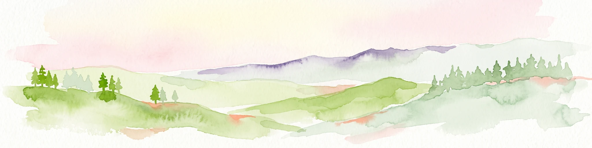 Watercolor painting of a mountain landscape with rolling green hills and small evergreen trees, with soft purple mountain silhouettes in the distance.