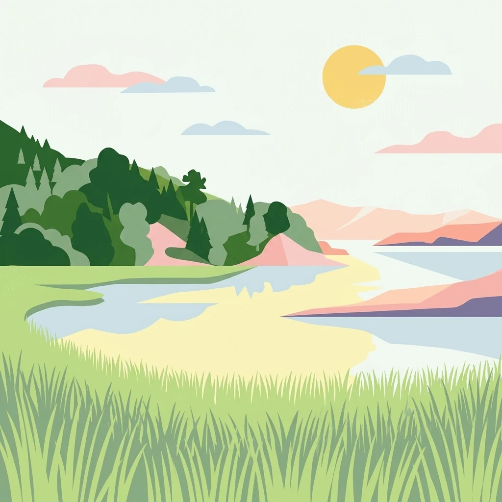 A flat-style digital illustration of a green grassy shoreline leading to an estuary or bay with forested hills and a yellow sun in the background.