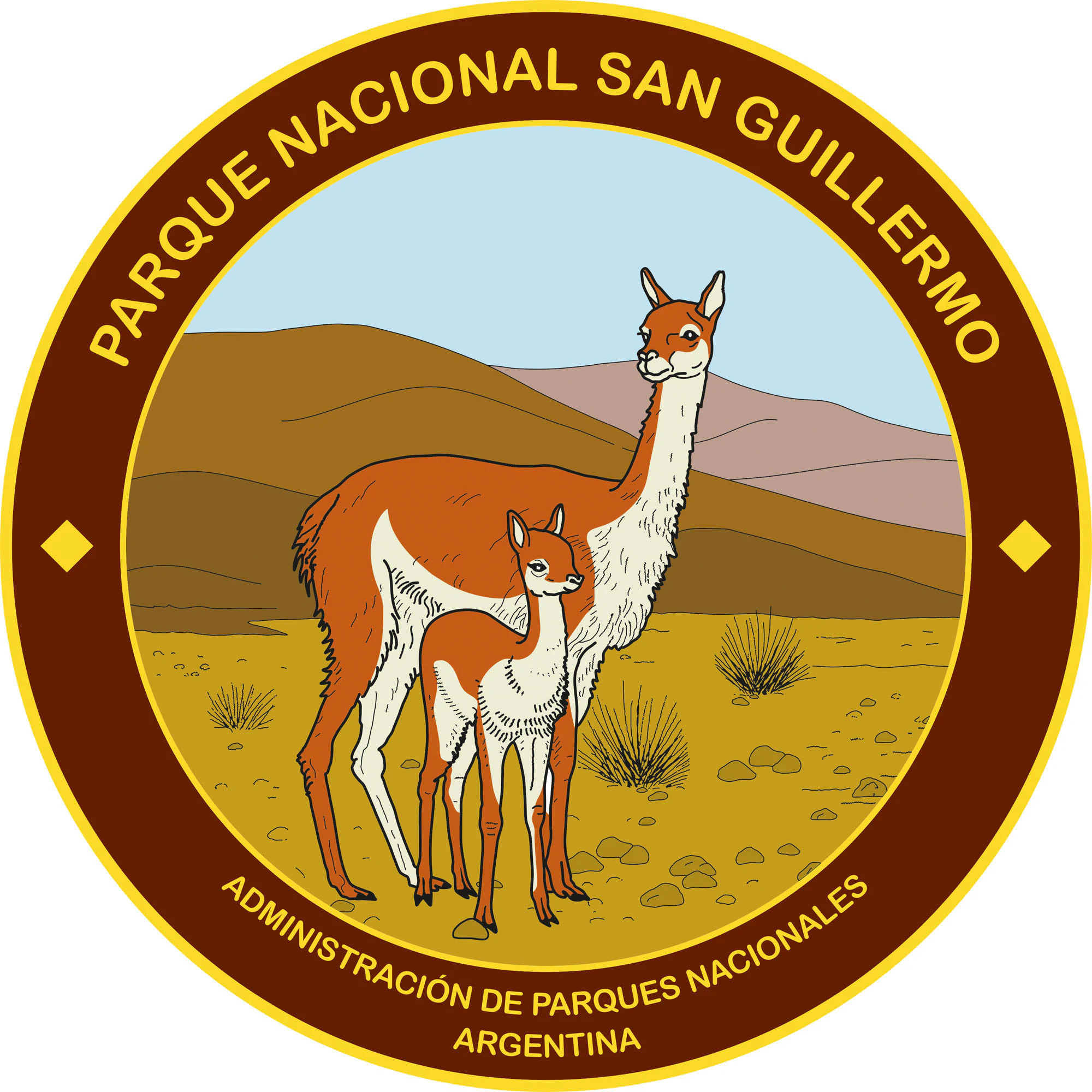 Circular emblem showing two vicuñas standing on dry terrain with mountains in background. Text around the emblem reads 'PARQUE NACIONAL SAN GUILLERMO', 'ADMINISTRACIÓN DE PARQUES NACIONALES', and 'ARGENTINA'