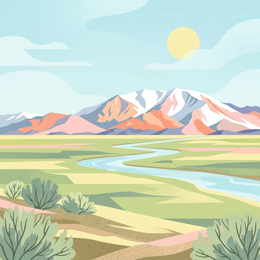 Illustration showing mountains, river, and plains with vegetation