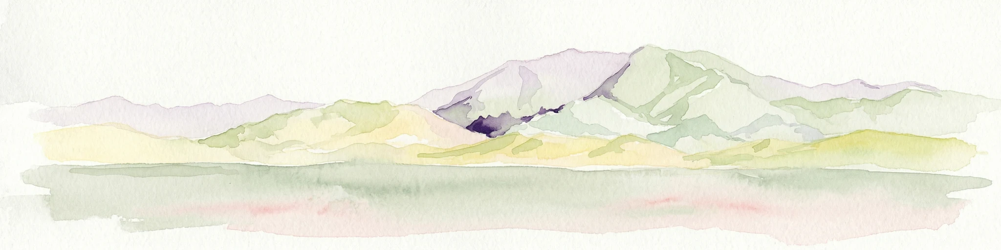Watercolor illustration of mountain ranges with green and yellow hills, a central dark peak, and pinkish foreground