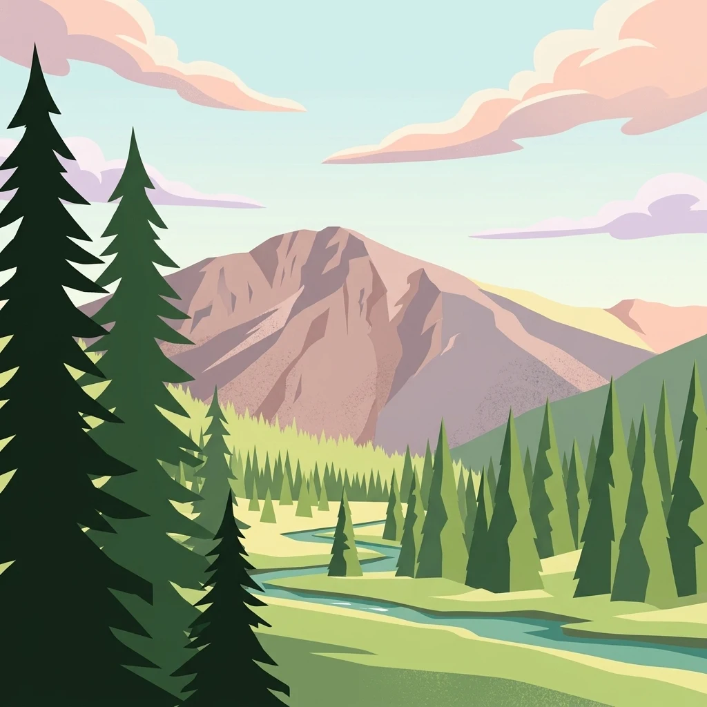 Una ilustración de una gran cumbre montañosa al fondo, un bosque de árboles de hoja perenne en el plano medio y un pequeño río que fluye a través de un prado verde en el primer plano.