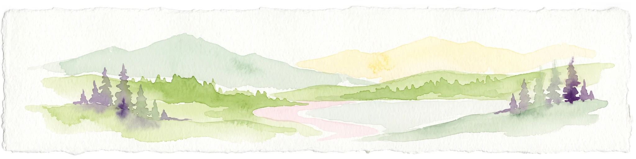 Watercolor painting of a serene mountain landscape featuring rolling hills, coniferous trees, and a lake in the foreground, rendered in light pastel tones.