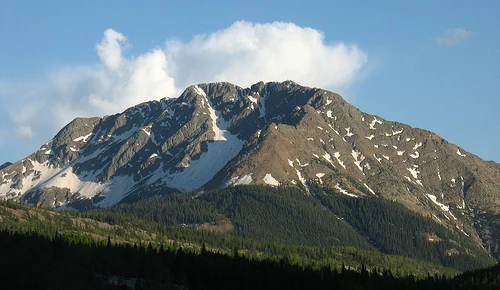 A large, rugged mountain with patches of snow on its slopes, backed by a blue sky with white clouds and fronted by a dark evergreen forest.