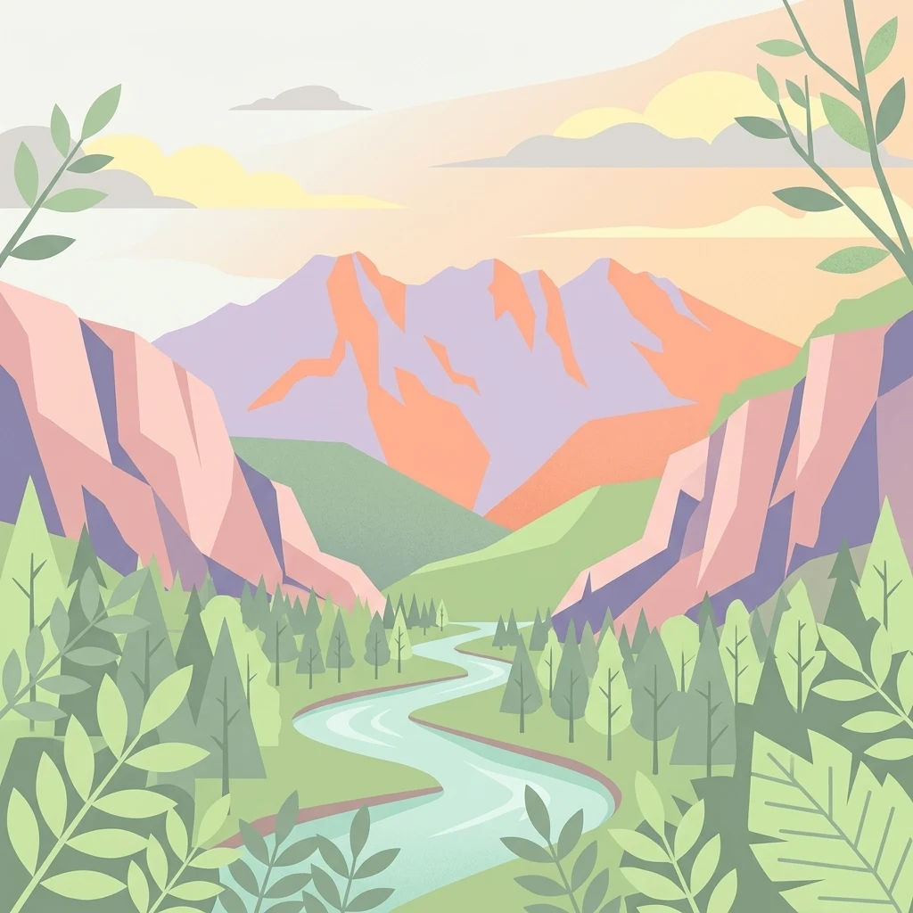 A flat-style digital illustration of a mountain landscape; in the foreground are stylized green plants, followed by a dense forest leading to a winding river that flows toward large, colorful mountains under a soft-toned sky.