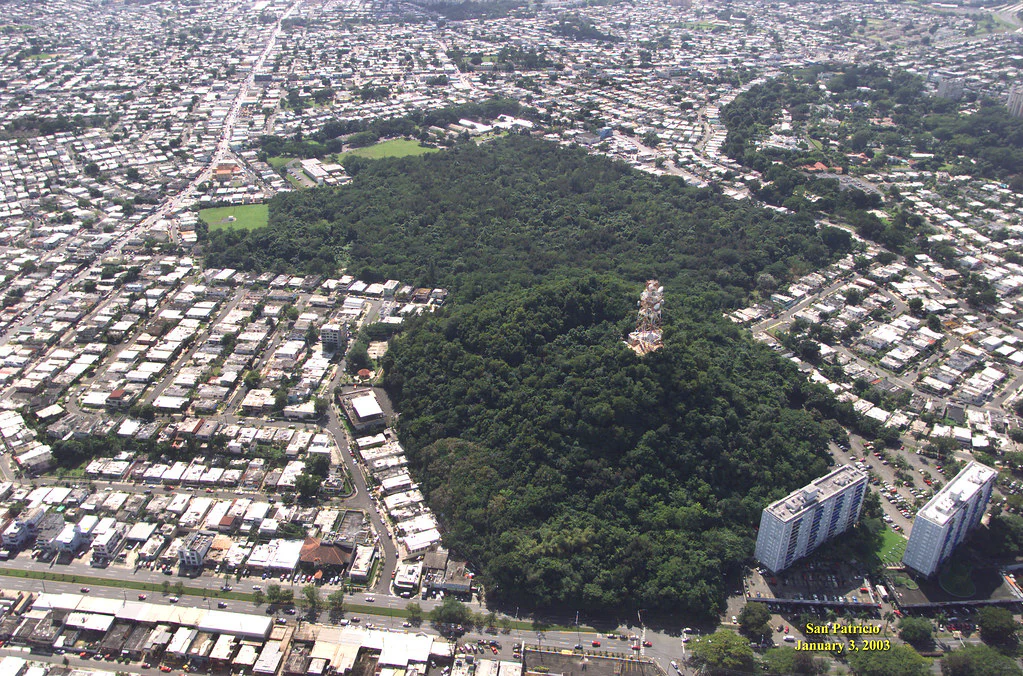 An aerial perspective of a dense green forest surrounded by a residential urban landscape in San Juan, featuring a prominent, elevated limestone hill.
