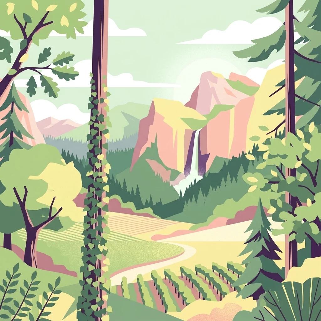 A graphic illustration of a mountainous landscape with a waterfall flowing down a cliffside, surrounded by coniferous trees and rows of vegetation in the foreground.