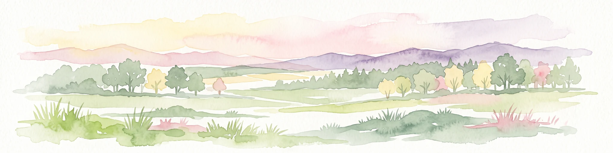 Una acuarela de un paisaje ondulado con árboles dispersos, praderas y suaves colinas al fondo, representada en tonos pastel pálidos.